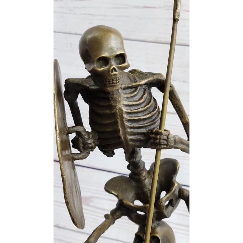 Skeleton Warrior W/ Shield And Spear Bronze Statue Sculpture Marble Base 12 Inches X 10 Inches