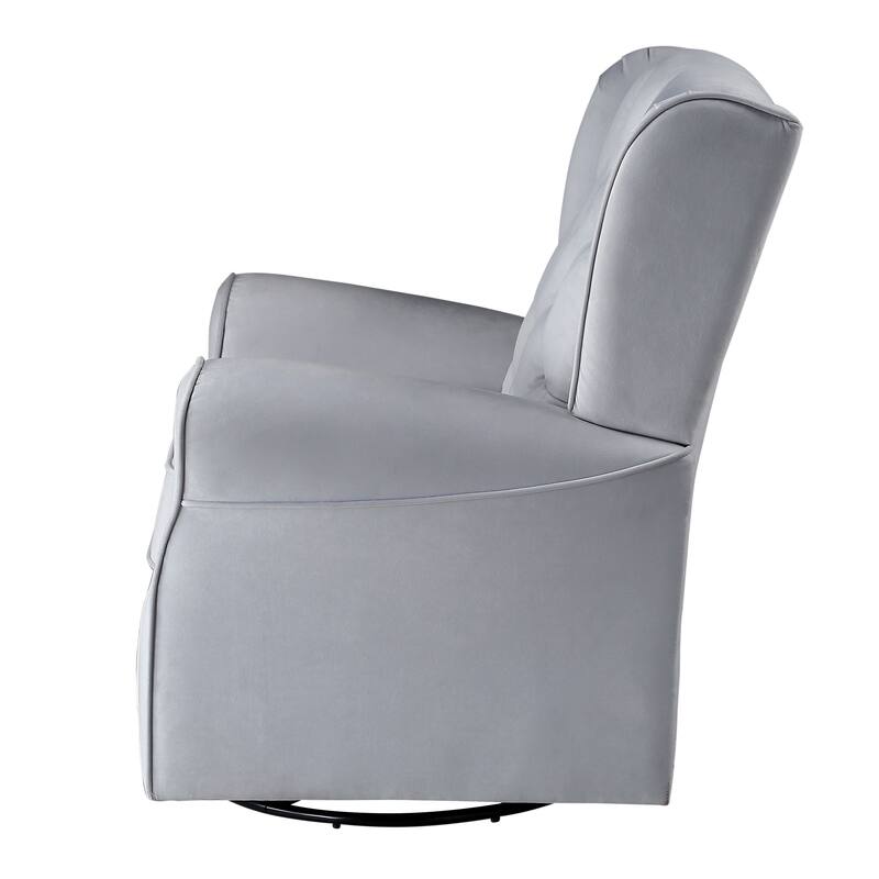 Grey Glider Swivel Chair: Transitional Design, Tufted Back, Stable Metal Base