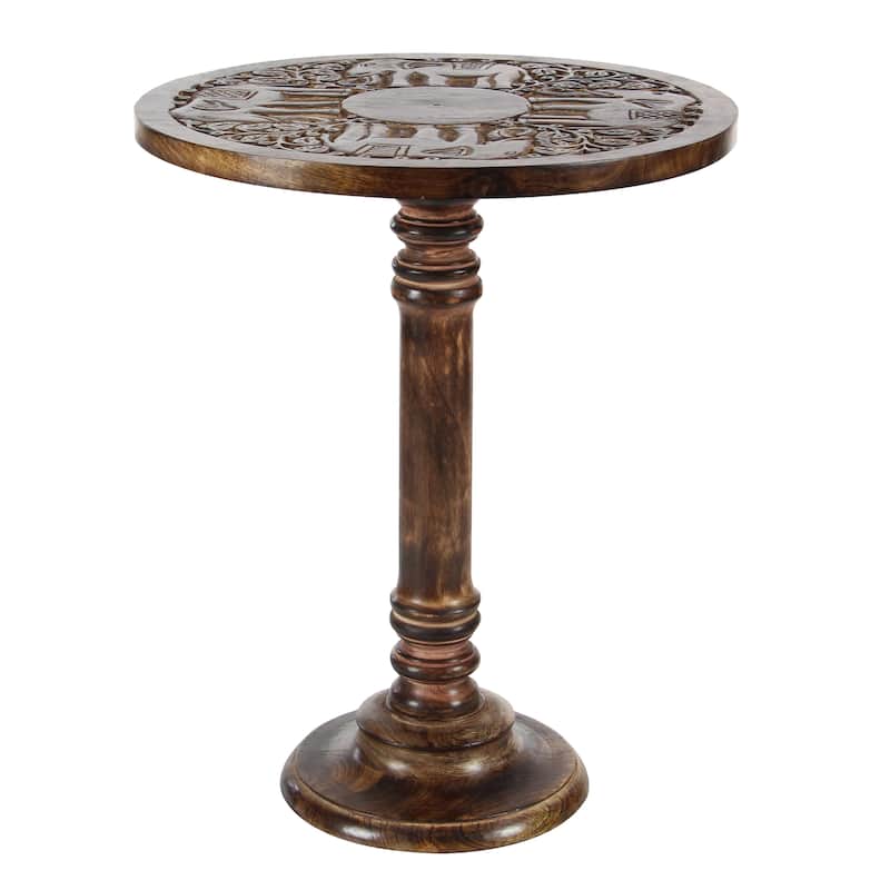 Mango Wood Elephant Handmade Intricately Carved Accent Table with Turned Base - Dark Brown - Roche River Decor - Dark Brown - Elephant
