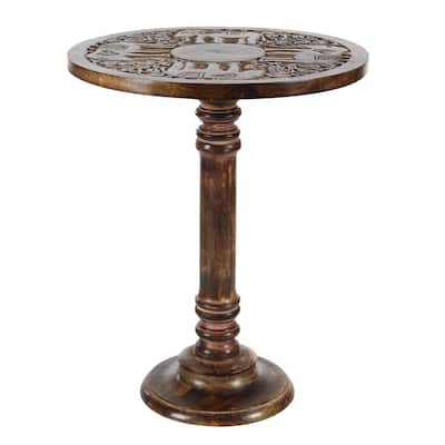 Mango Wood Elephant Handmade Intricately Carved Accent Table with Turned Base - Dark Brown - Roche River Decor