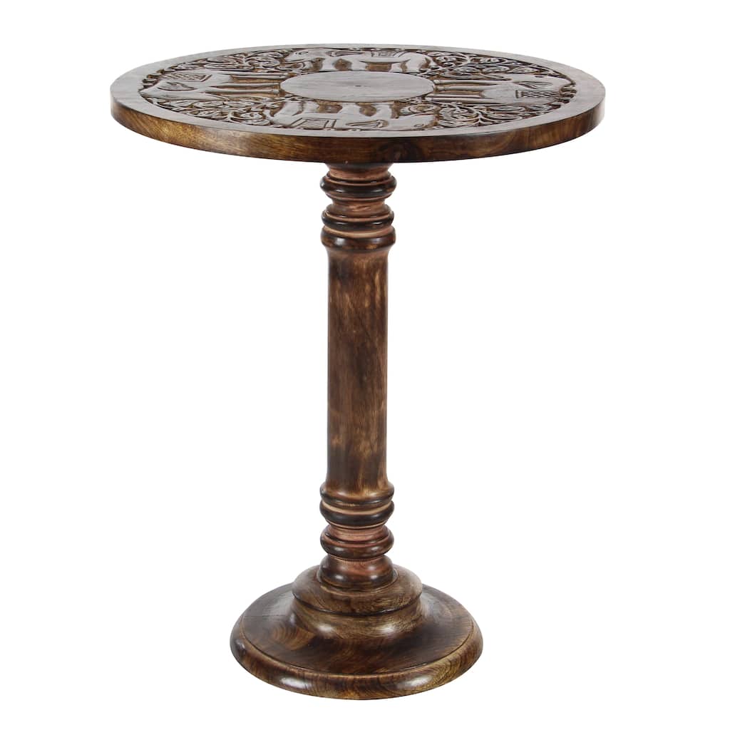 Mango Wood Elephant Handmade Intricately Carved Accent Table with Turned Base - Dark Brown - Roche River Decor