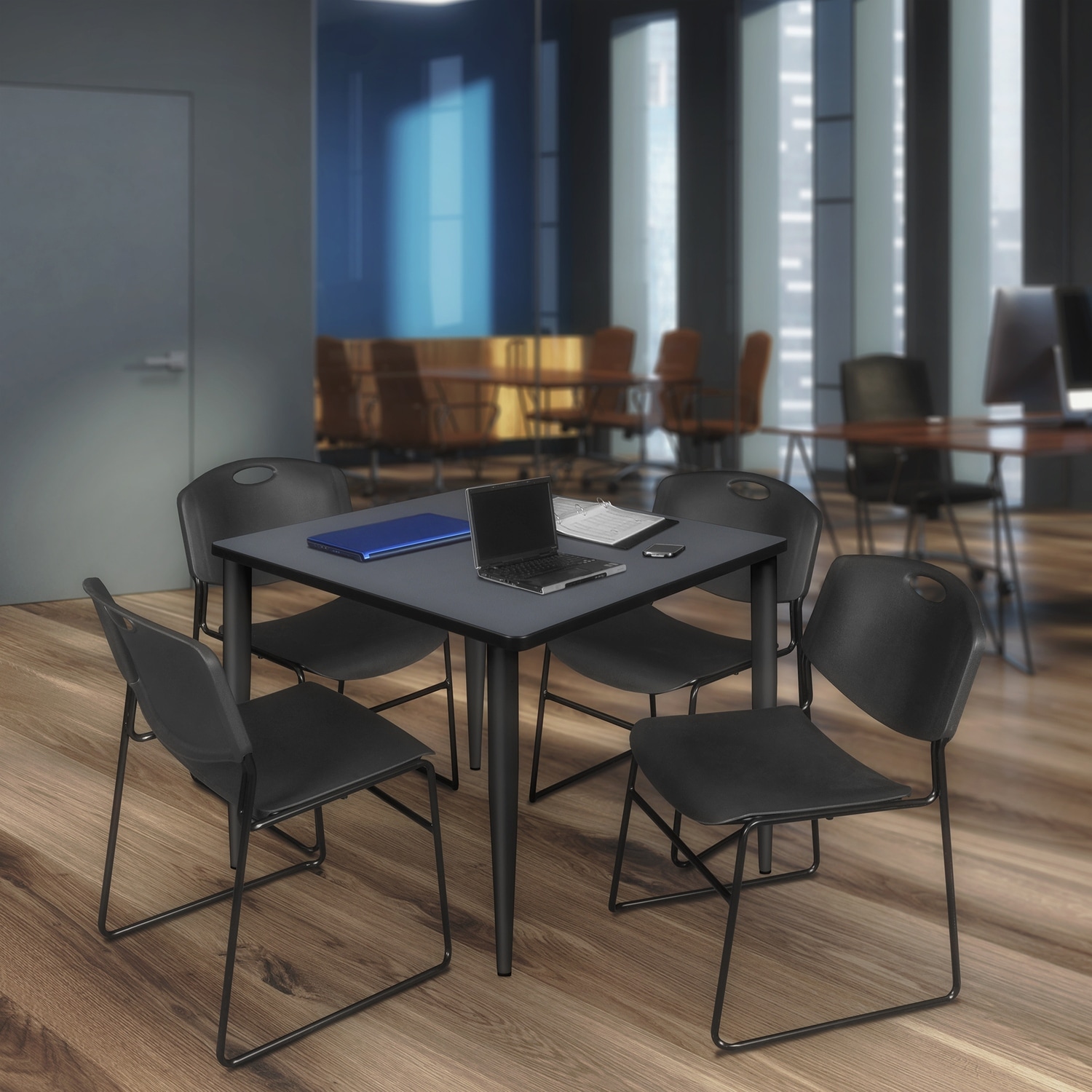 48 in. Square Breakroom Table- Grey Top, Black Base & 4 Stack Chairs- Black - Grey, Black