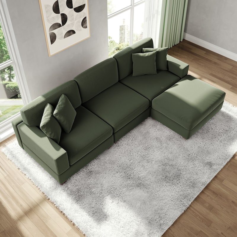 Modular Corduroy Sectional Sofa Set Chaise Couch with Ottoman