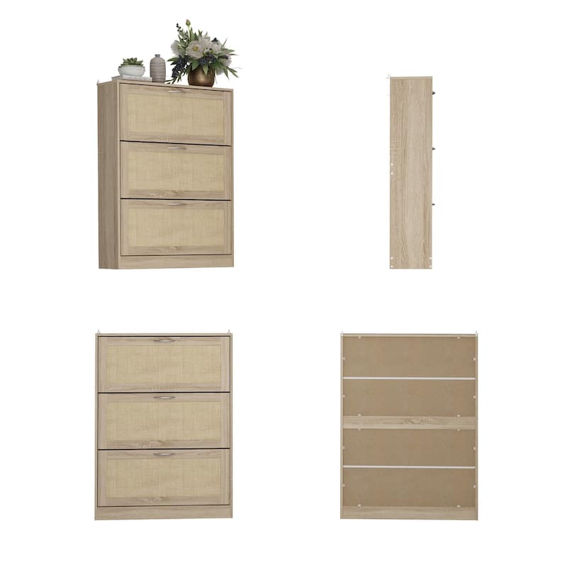 Rattan Narrow Shoe Cabinet with 3 FILP Drawers,Shoe Storage Organizer