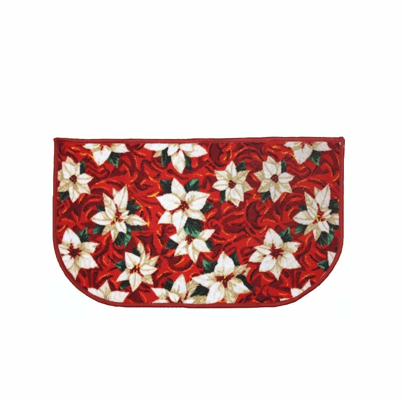 Christmas Design Kitchen Rug - Santa, Reindeer, Snowman, Poinsettia With Latex Backing - White Poinsettia - 18"x30" D-Shape