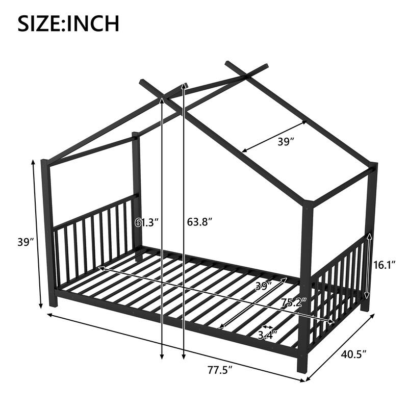 Roomfitters Twin Size Metal House Platform Bed Frame with Modern Minimalist Style and Guardrail