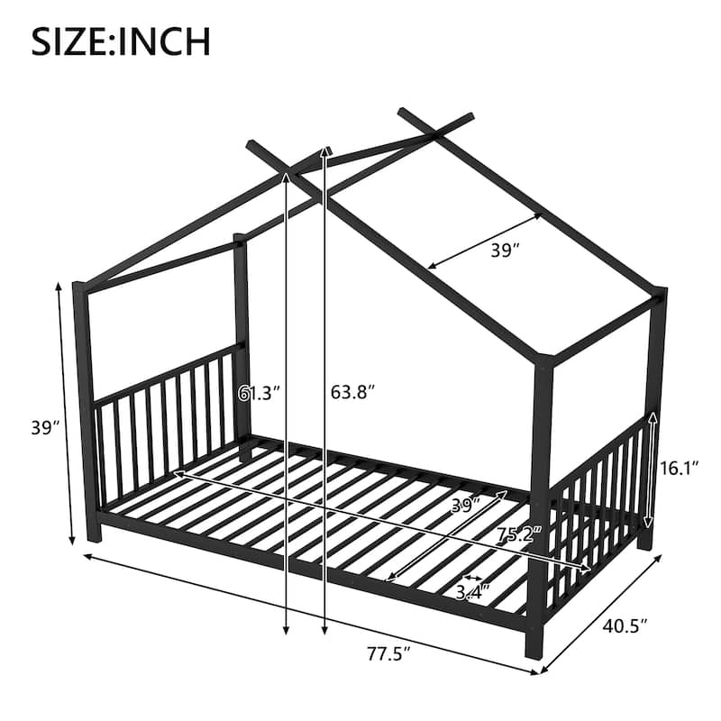 Twin Size Metal House Platform Bed in Black for Kids' Bedroom