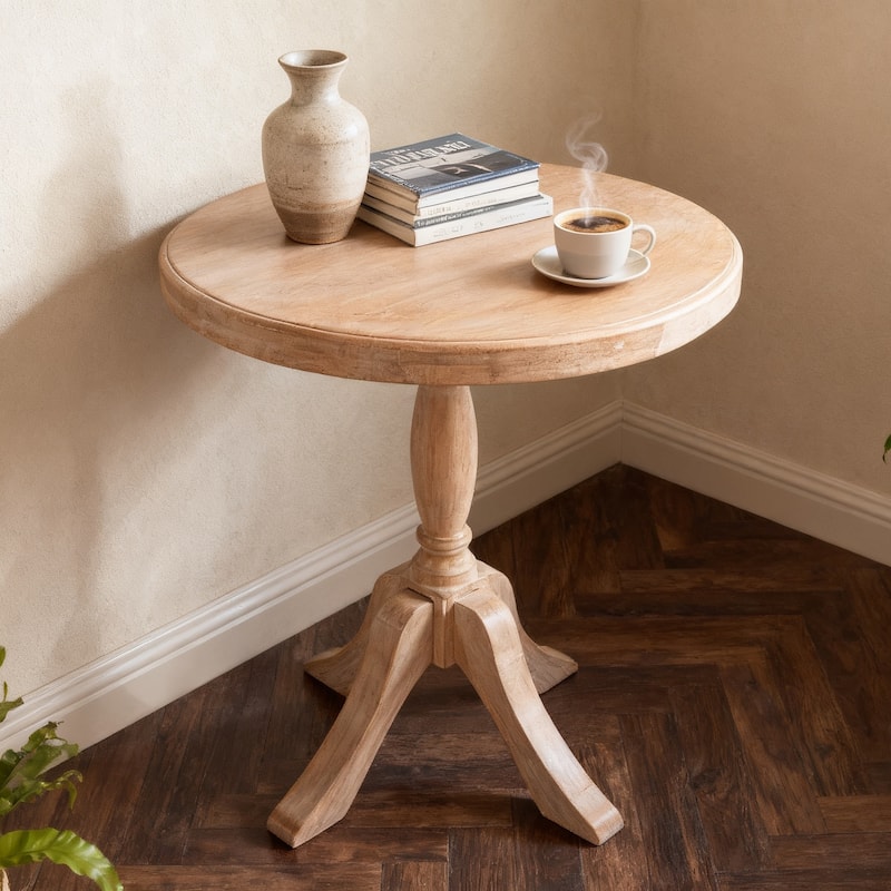 23.6" Round Wooden End Table, Wooden Pedestal Side Coffee Tables, for Living Room, Bedroom, Entryway - Beige