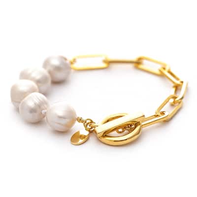 Mother of Pearl Bead and Chain Toggle Bracelet - Gold