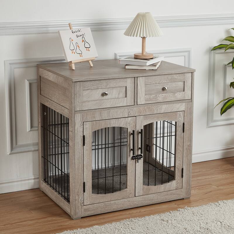 Dog Crate Furniture with Cushion & 2 Drawers