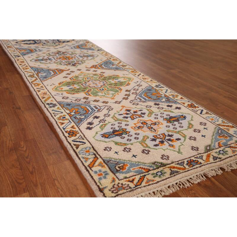 Geometric Heriz Serapi Runner Rug Hand-Knotted Beige Wool Carpet - 2'6" x 7'11" - Ivory/Beige - 2'6" x 7'11"