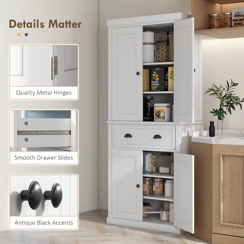 Freestanding Kitchen Storage Cabinet Pantry Cabinet Buffet Cabinet with Beadboard Doors and Adjustable Shelves
