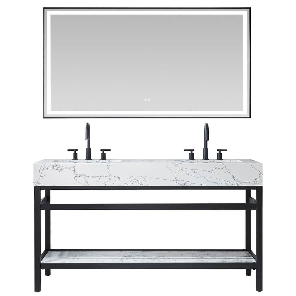 Ecija Bath Vanity, Metal Support with Composite Stone Top and Mirror