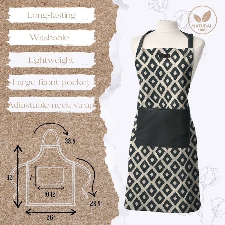 Chef's Monochrome Cotton Cooking Apron - 32x26 Inch - Contemporary Diamond Design - 32"L x 26"W x 0.1"H
