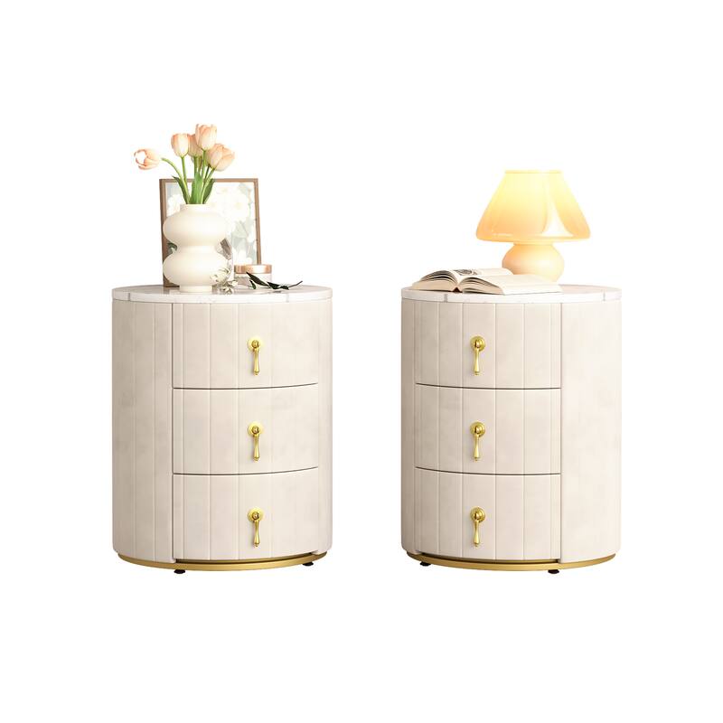Set of 2 Upholstered 3-Drawer Nightstands - Round Marbling Top Bedside Table (Fully Assembled Except Handles, Beige)