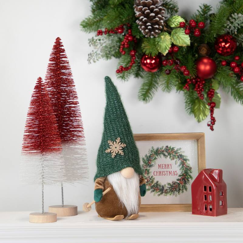 12.5" Skiing Gnome with Green Knit Hat Christmas Decoration