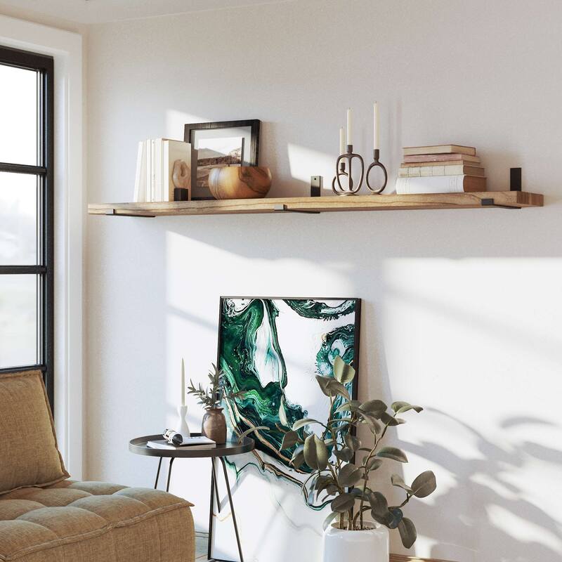 Wallniture Forte 60" or 72" Long, 11.25" Deep Floating Bookshelves, Farmhouse Shelves Living Room, 1.5" Thick, Wood, Burnt, 1 Pc