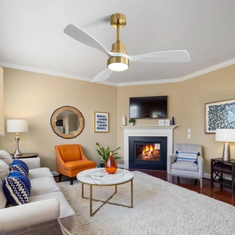 48-Inch Gold & White Wood Ceiling Fan with LED Light & Remote Control - 48