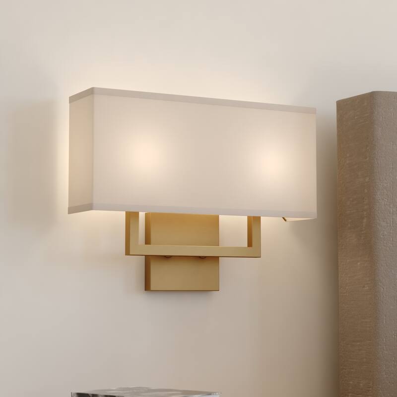 VAXCEL Glenview Satin Brass Gold Contemporary Wall Sconce, White Linen Fabric Shade, Bathroom Vanity Lighting Fixture - Satin Brass - 15-in W x 11.25-in H x 4-in D