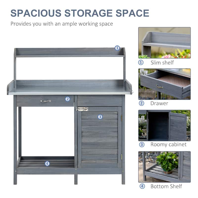 Garden Potting Bench Table, Wood Work Station with Storage Cabinet, Patio Workstation with Open Shelf and Steel Tabletop