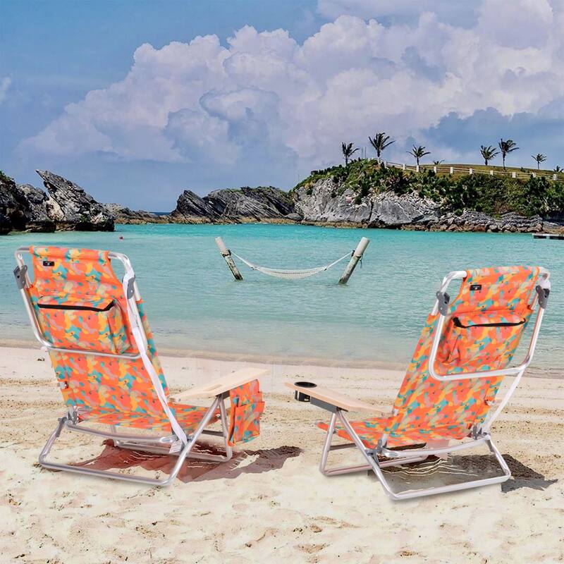 2-Piece Lightweight 5-Position Folding Lay Flat Beach Chairs with Tower Bar