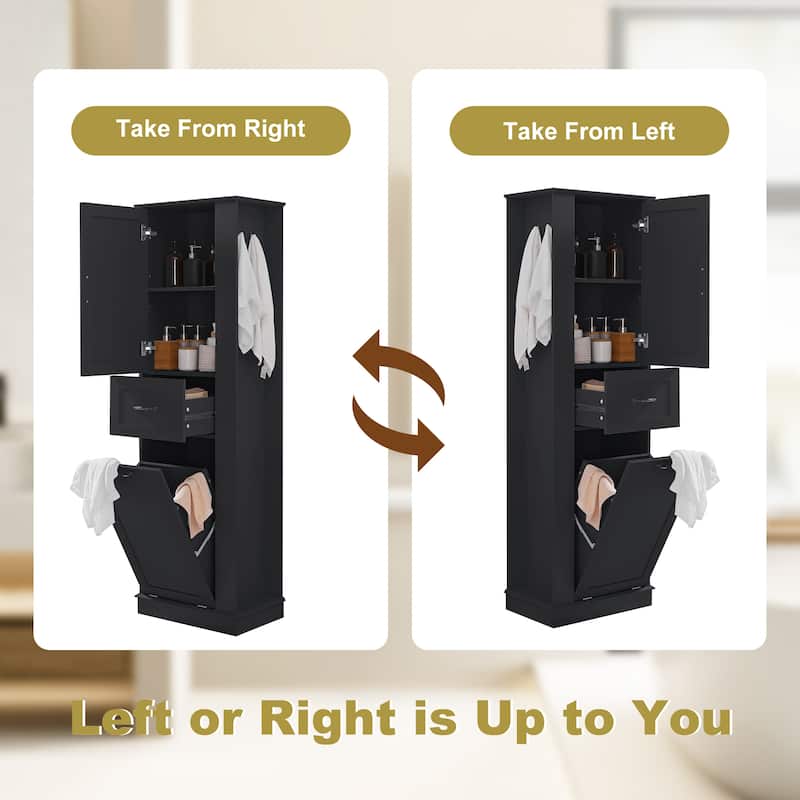 Modern Tall Bathroom Storage Cabinet with Tilt Out Laundry Compartment, Adjustable Shelves, Soft Close Doors