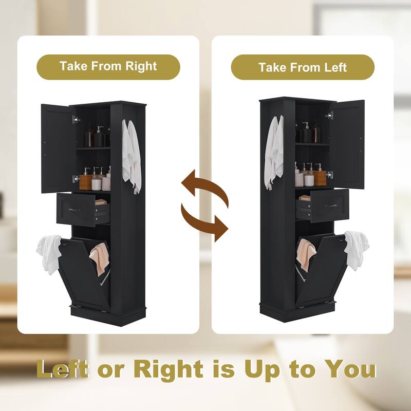 Modern Tall Storage Cabinet - Tilt-Out Compartment, Adjustable Shelves, 80LBS Capacity, Soft-Close Hinges