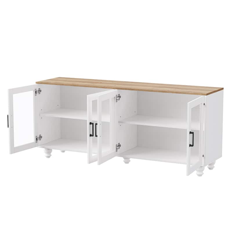 White+Walnut Farmhouse 63" TV Stand Cabinet with Tempered Glass Doors and Adjustable Shelves for TVs Up to 70"