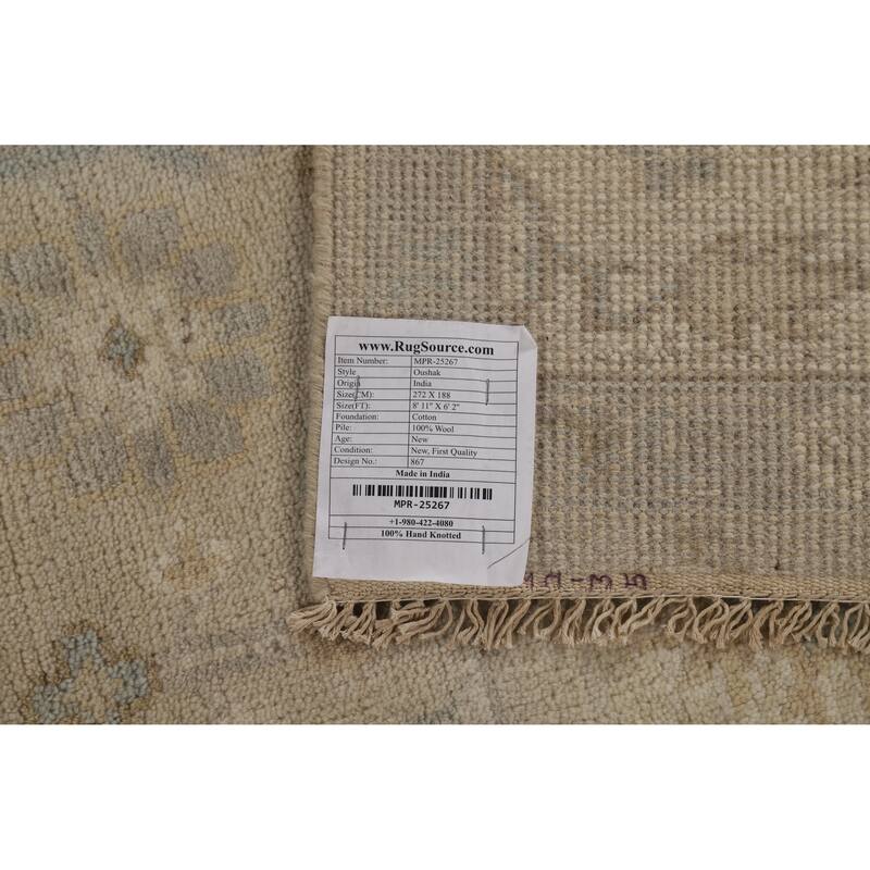 Transitional Beige Oushak Indian Area Rug Hand-Knotted Wool Carpet - 6'2" x 8'11"