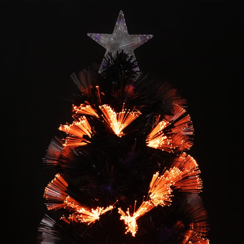 8-Function Fiber Optic Artificial Pine Potted Halloween Tree - 5' - Black - Orange and Purple LED - 3-to-6-feet