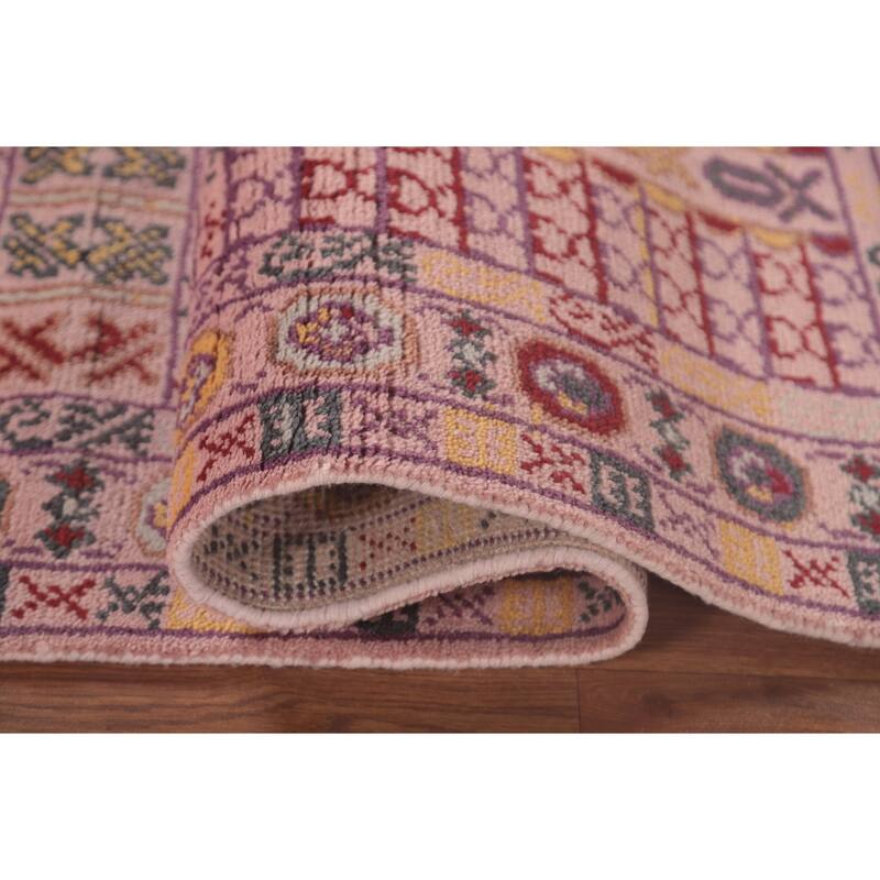 Tribal Pink Geometric Khotan Oriental Runner Rug Handmade Wool Carpet - 2'5"x 9'11"