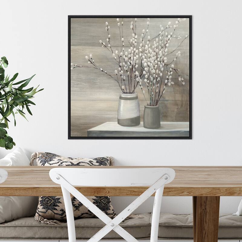 Canvas Art Framed 'Willow Still Life Gray Pots' by Julia Purinton - Black