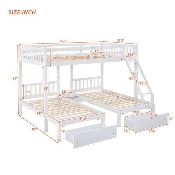 Full Over Twin & Twin Bunk Bed, Wood Triple Bunk Bed with Drawers and ...