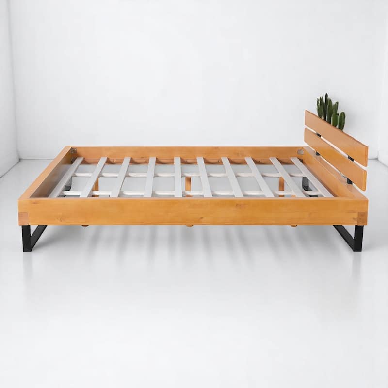 Queen/King Size Bed Frame with Headboard, Solid Pine Wood and Iron Platform Bed, Industrial Modern Design, No Box Spring Needed