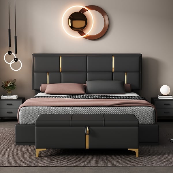 slide 2 of 32, Queen Size Bed Grounding Platform Bed with Hydraulic Storage Upholstered Low Profile Bed Wingback Bed with Metal Legs Black PU with Ottoman - Queen