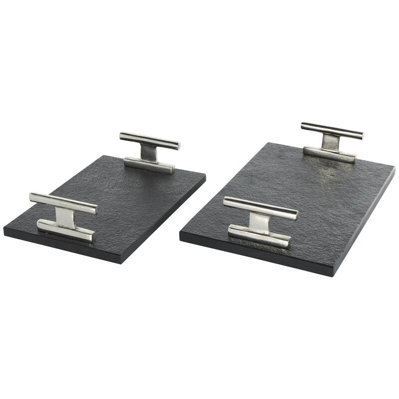 Black Marble Textured Living Room Decor Tray with Silver or Black Rod Handles (Set of 2)