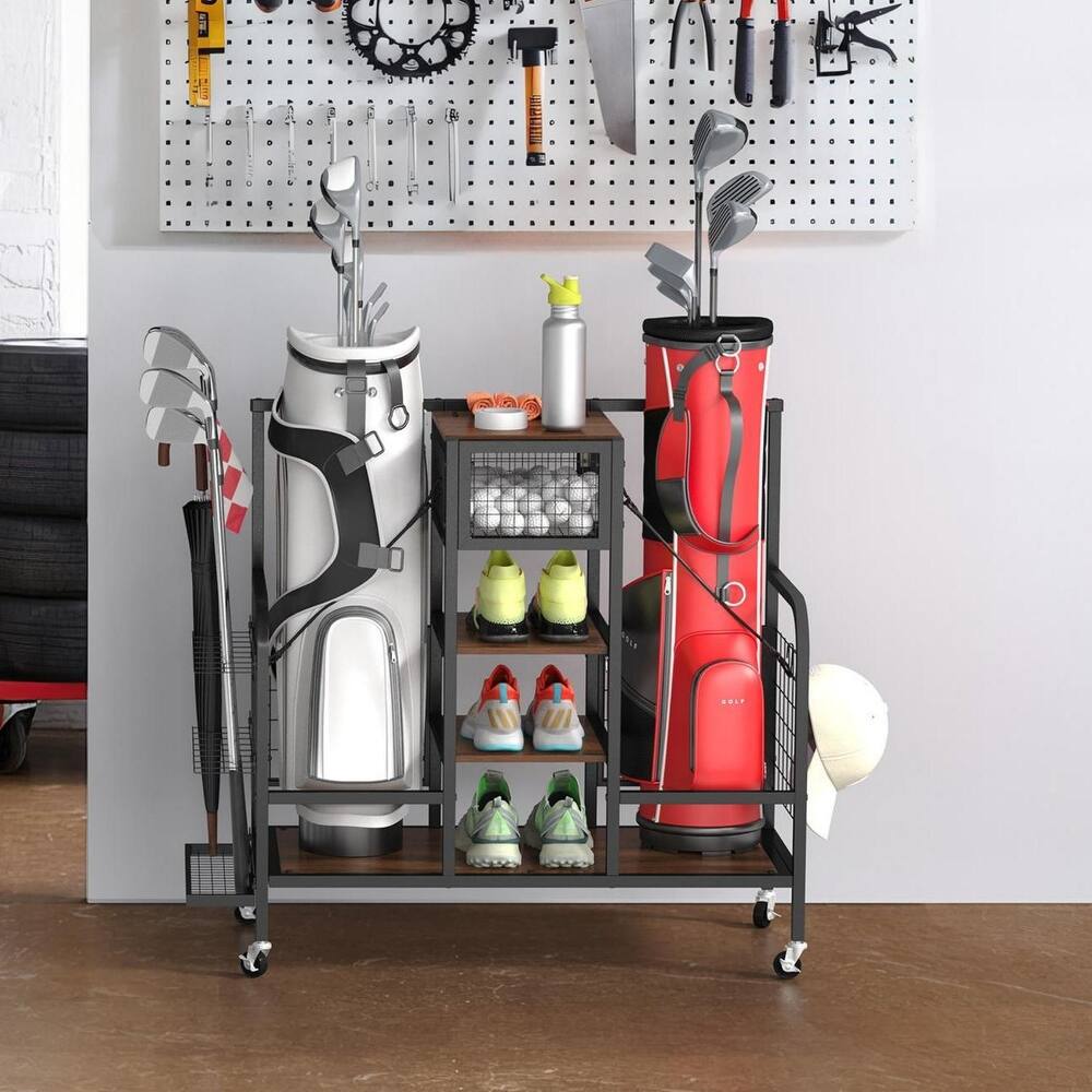 Multi-Functional Golf Bag Organizer for Garage with Wheels & Hooks