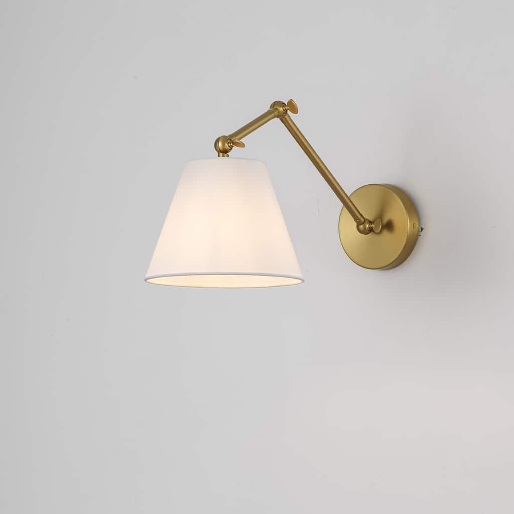 1-Light Modern Brushed Gold Adjustable Swing Arm Wall Sconce with Cone Fabric Shade for Bedroom, Study