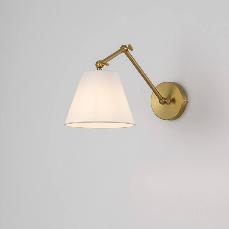 1-Light Modern Brushed Gold Adjustable Swing Arm Wall Sconce with Cone Fabric Shade for Bedroom, Study - Gold/White - 7.9 in. W x 9.1 in. H x 21.3 in. D