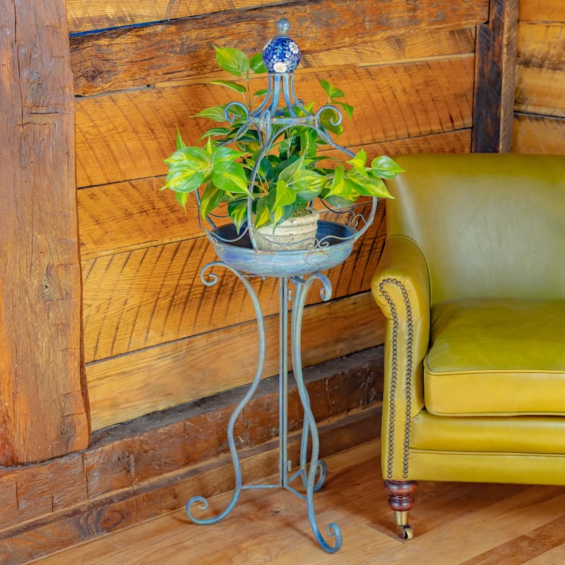 45 Inch Tall Standing Blue Iron Birdbath with Ceramic Sailor Ball - 14.57x14.57x44.88