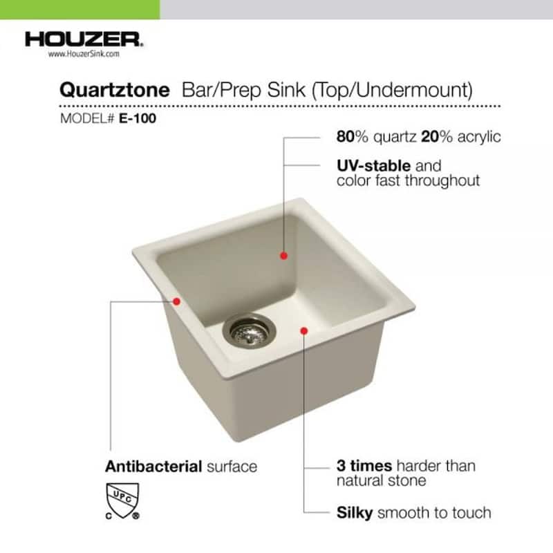 Houzer Quartztone 16 inch Slate Granite Composite Dual Mount Topmount or Undermount Single Bowl Bar Sink