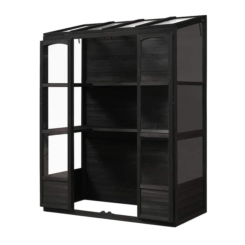 Outdoor Black Wooden Greenhouse with 4 Independent Skylights and 2 Folding Middle Shelves