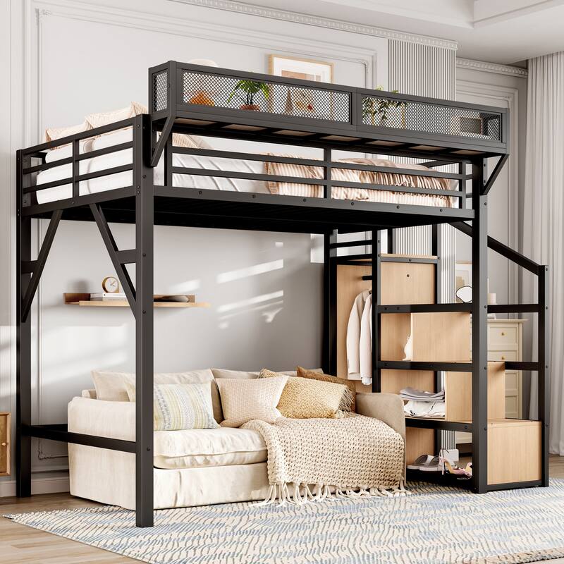 LED High Loft Bed with Charging Station, Heavy Duty Metal Loftbed Frame with Stairs, Shelves and Wardrobe