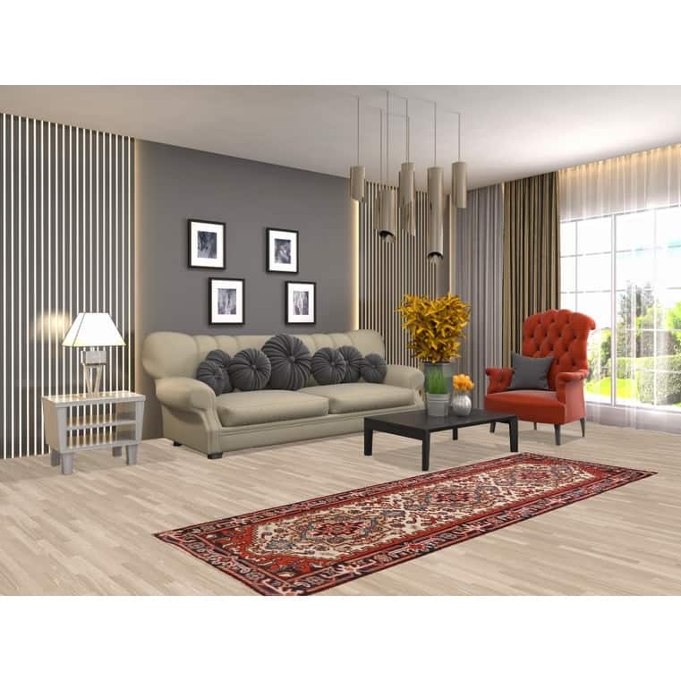 Ivory Geometric Heriz Serapi Oriental Runner Rug Handmade Wool Carpet - 2'7"x 8'1"