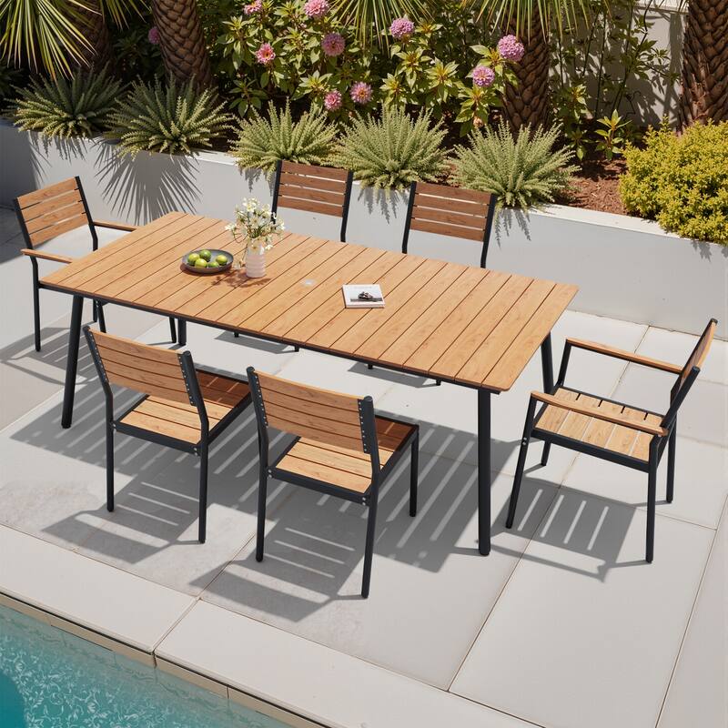 7-Piece Outdoor Patio Dining Set Wood-Like Table Top Alumium Umbrella Hole Table with Stackable Dining Chairs - Brown