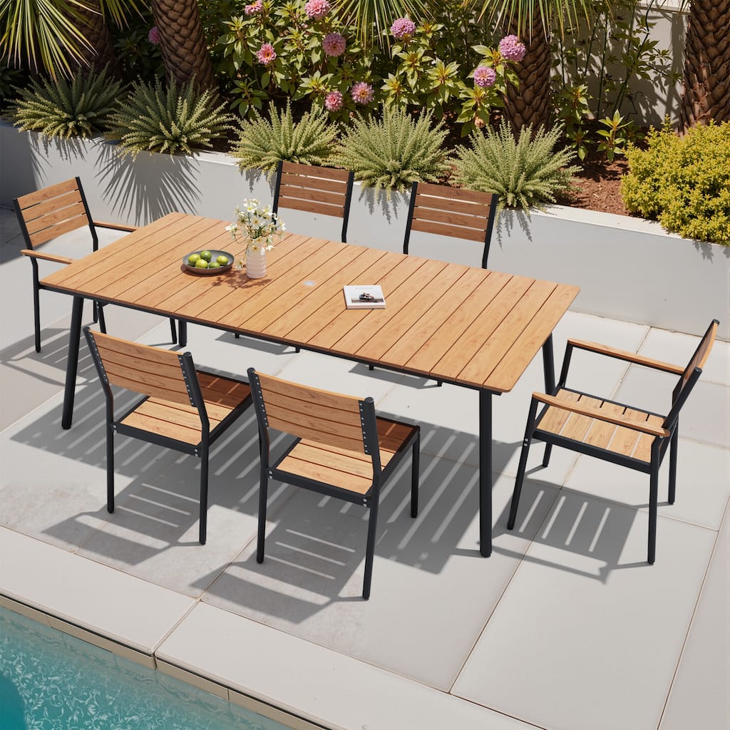 7-Piece Outdoor Patio Dining Set Wood-Like Table Top Alumium Umbrella Hole Table with Stackable Dining Chairs