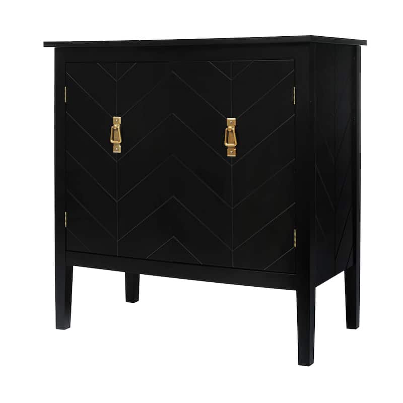 Roomfitters 2 Door Wooden Cabinet, Chevron Storage Sideboard with Vintage Brass Handles, Black
