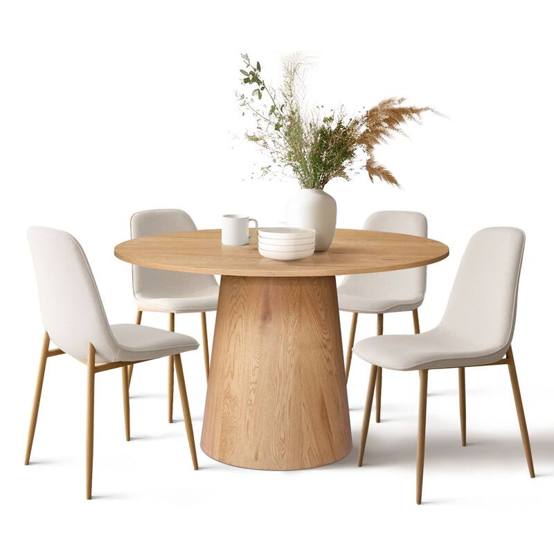 46" Pedestal Dining Table Set with 4 Upholstered Dining Chairs