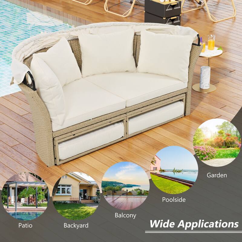 Beige Wicker Rattan Outdoor Patio Double Daybed with Retractable Canopy and 4 Pillows, Convertible Loveseat/Sofa Set