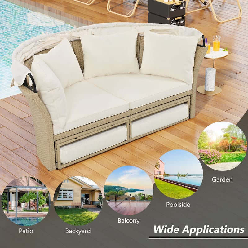 Outdoor Patio Daybed, Wicker Rattan Sofa Furniture Set w/ Retractable Canopy, for Lawn, Garden, Backyard or Pool